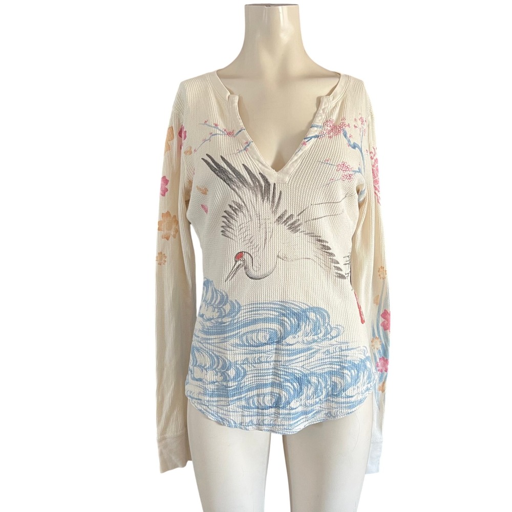 Lucky Brand Y2K Crane Wave Cherry Blossom Waffle Knit Thermal Top Cream Large